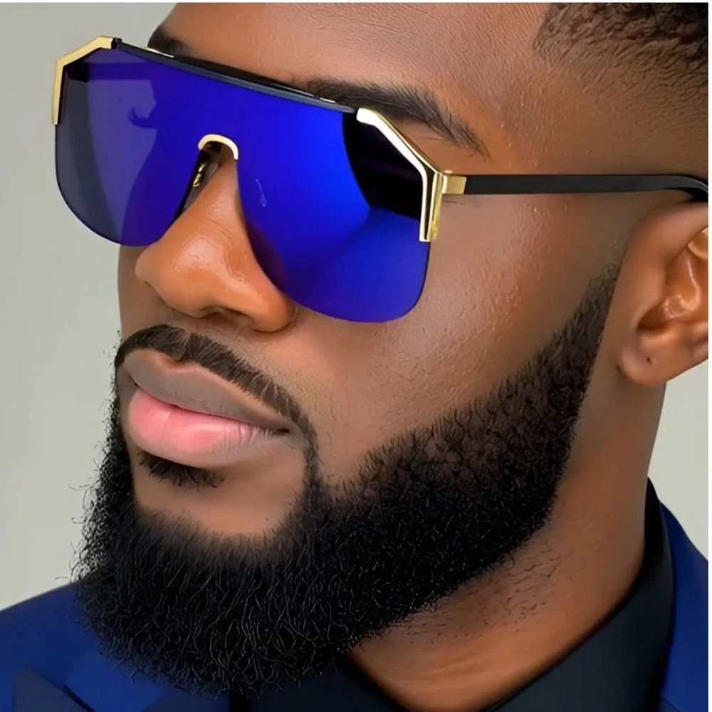 Shield Sunglasses Blue Mirrored Lens Gold Trim Fashion Visor Men‎ Glasses Gafas